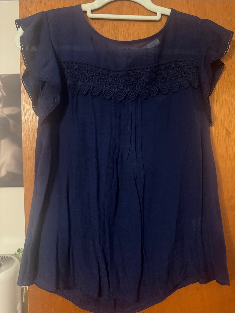 mine Navy Crochet Yoke Flutter Sleeve Blouse